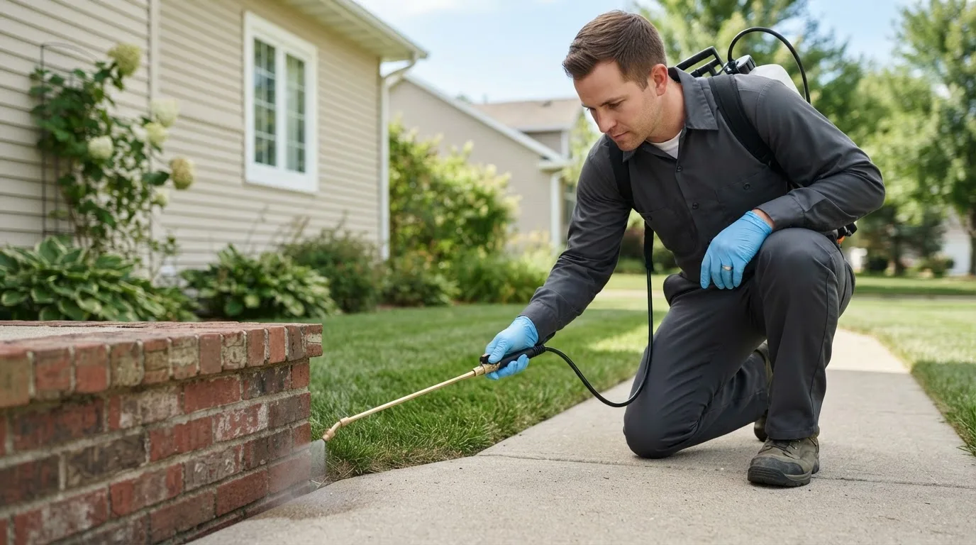 Pest control technician treating a home near Lewisville, ID