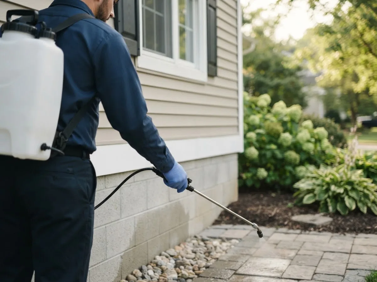 Pest control technician inspecting a home in Lewisville, ID